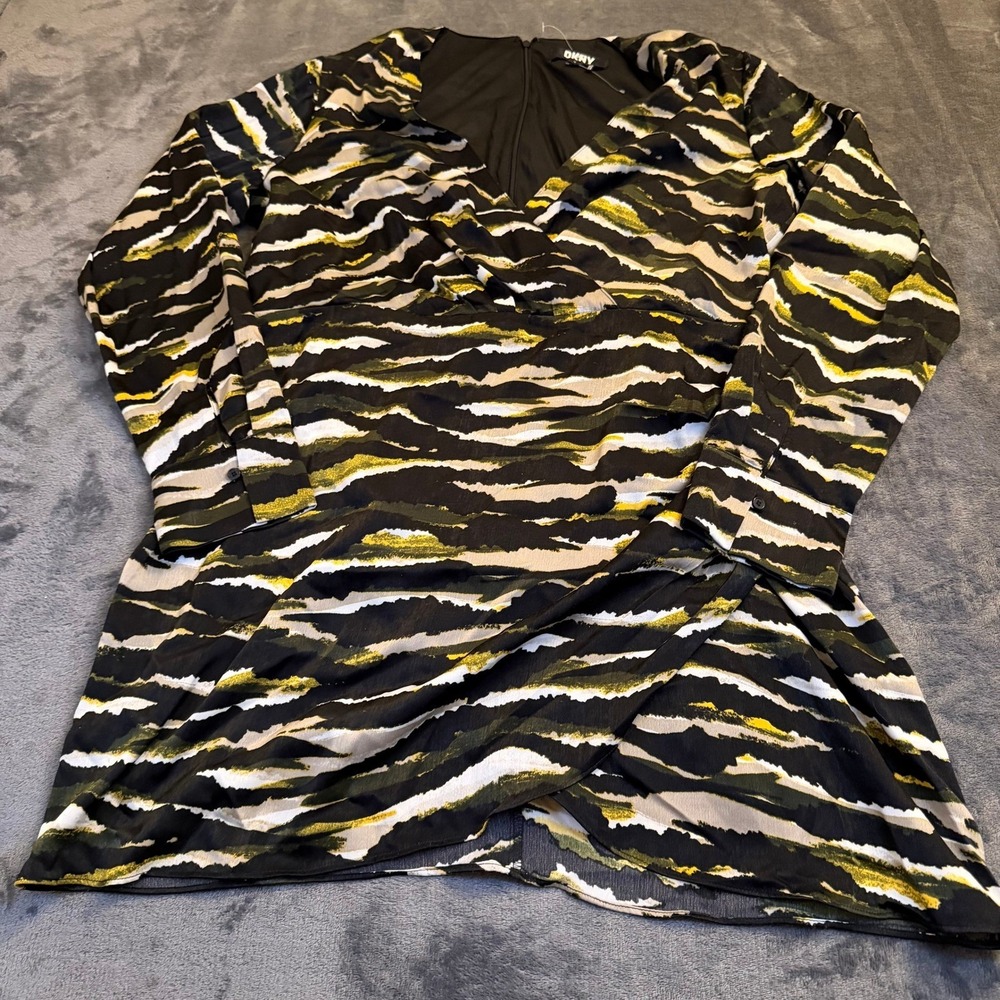 DKNY Tiger Stripe Faux Wrap Dress Womens Size 16 Black Green Yellow Lined
